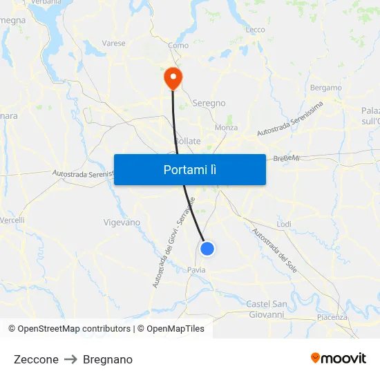 Zeccone to Bregnano map