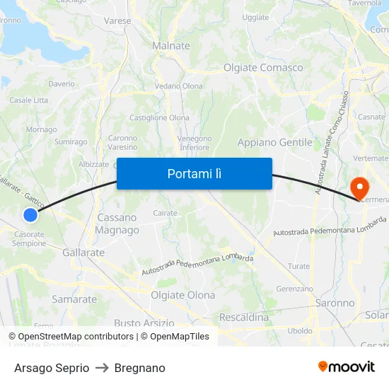 Arsago Seprio to Bregnano map