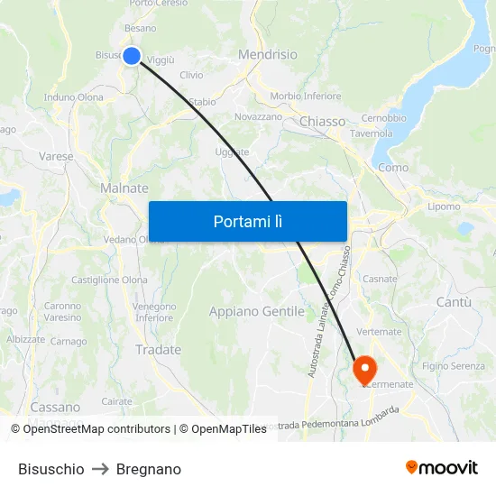 Bisuschio to Bregnano map