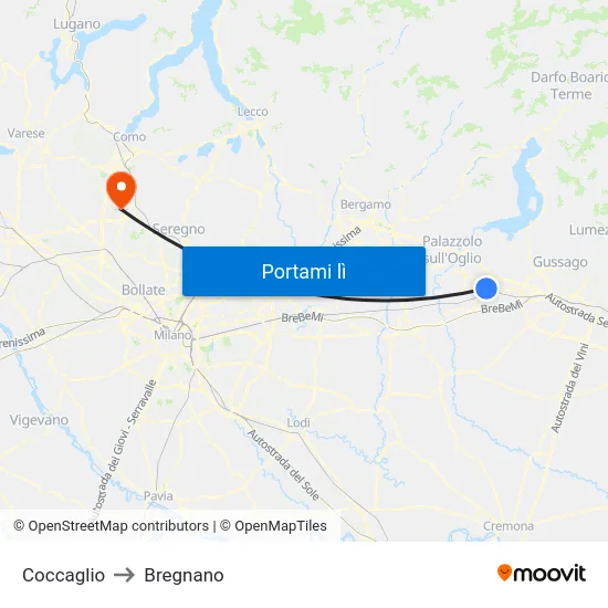 Coccaglio to Bregnano map