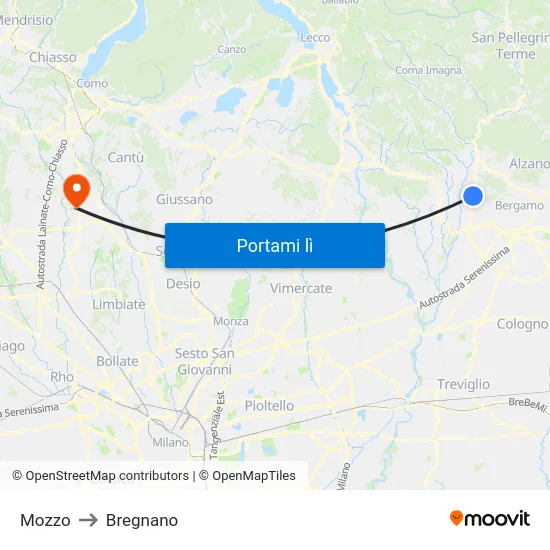 Mozzo to Bregnano map