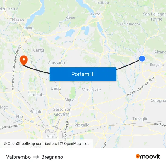 Valbrembo to Bregnano map
