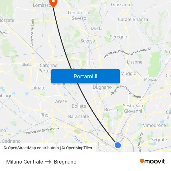 Milano Centrale to Bregnano map