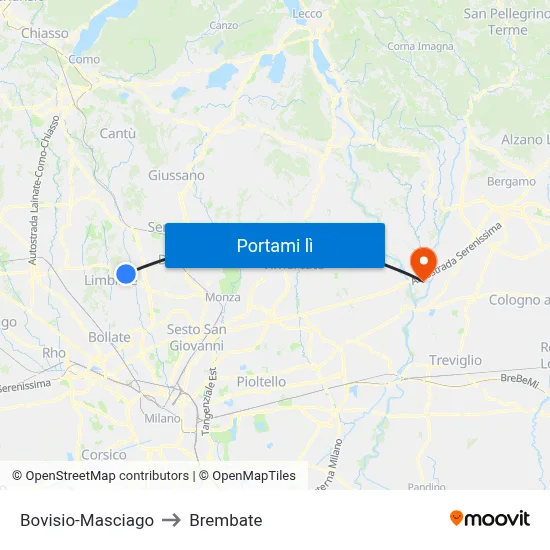 Bovisio-Masciago to Brembate map
