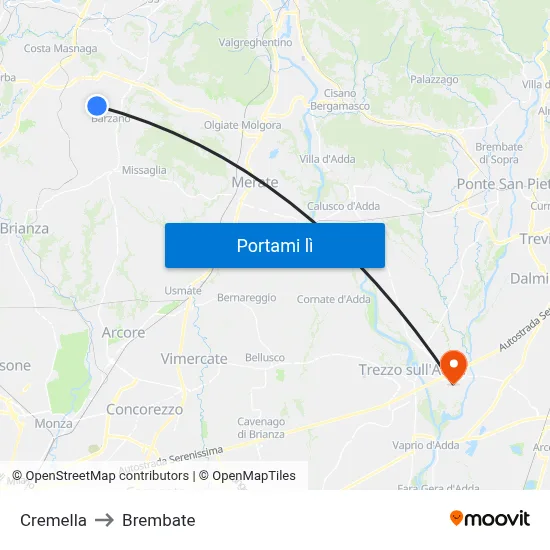 Cremella to Brembate map