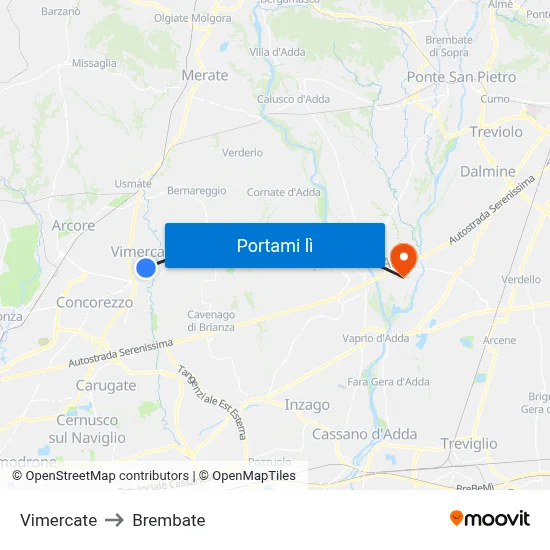 Vimercate to Brembate map