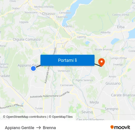Appiano Gentile to Brenna map