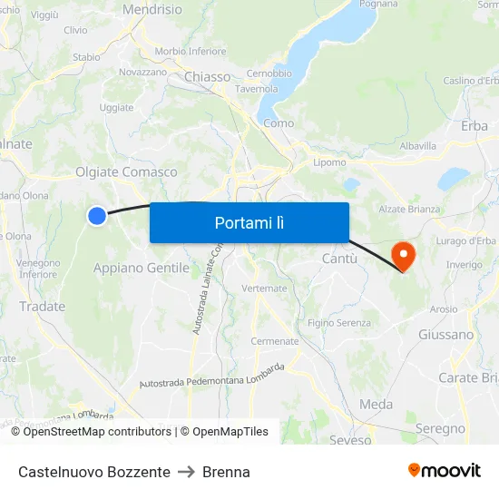 Castelnuovo Bozzente to Brenna map