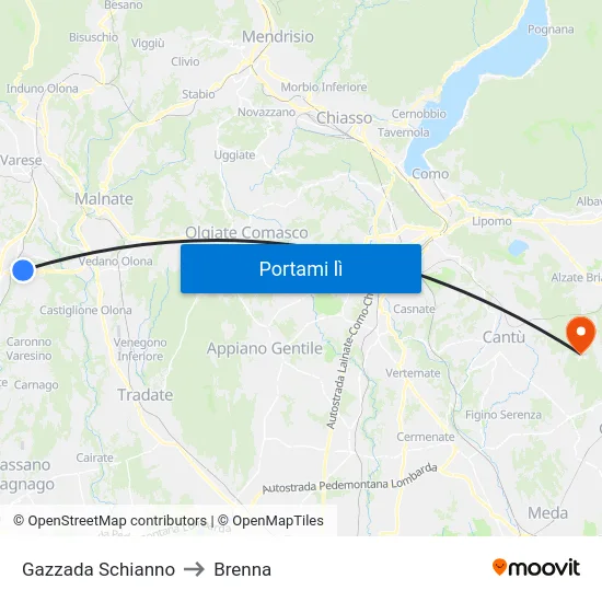 Gazzada Schianno to Brenna map