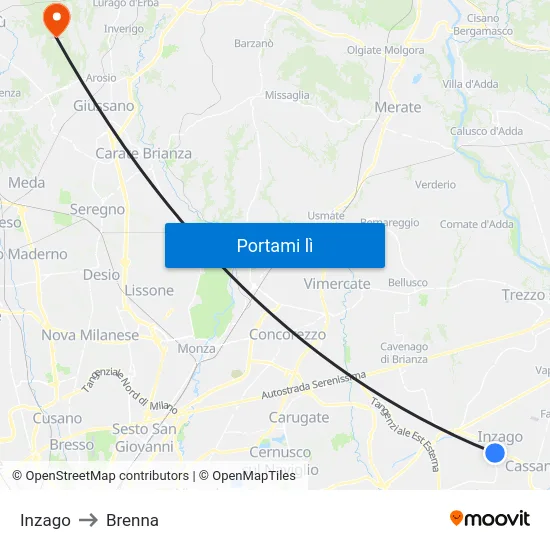 Inzago to Brenna map