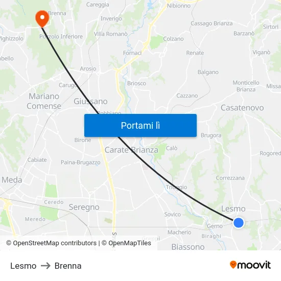 Lesmo to Brenna map
