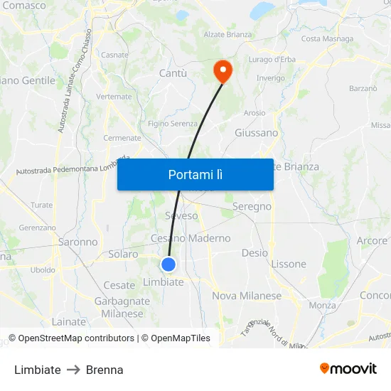 Limbiate to Brenna map