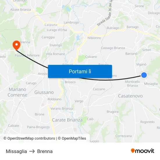 Missaglia to Brenna map
