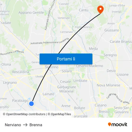 Nerviano to Brenna map