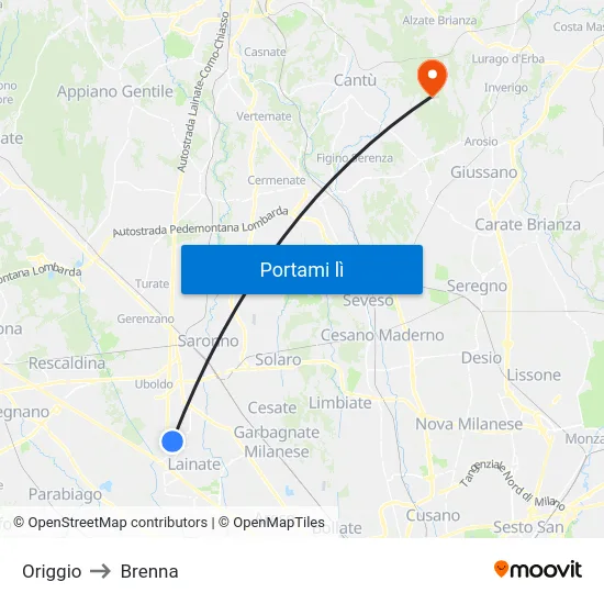 Origgio to Brenna map