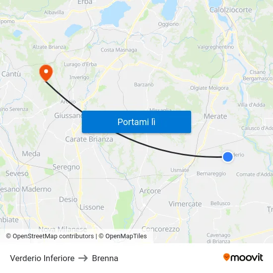 Verderio Inferiore to Brenna map