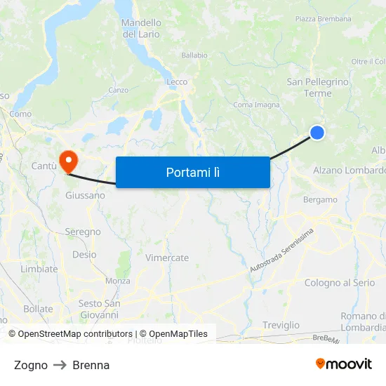 Zogno to Brenna map