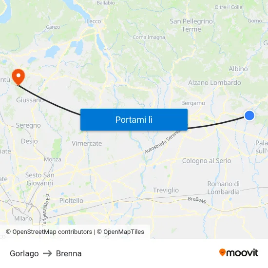 Gorlago to Brenna map