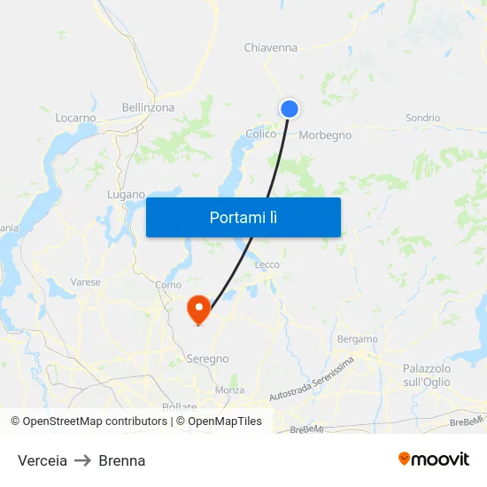 Verceia to Brenna map