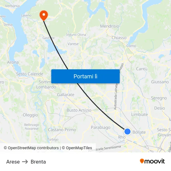 Arese to Brenta map