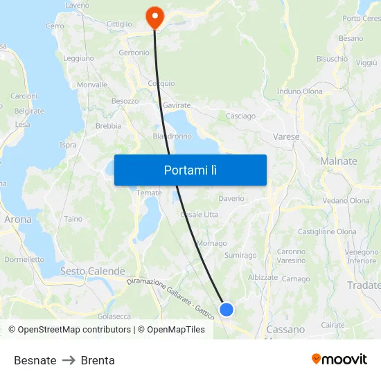 Besnate to Brenta map