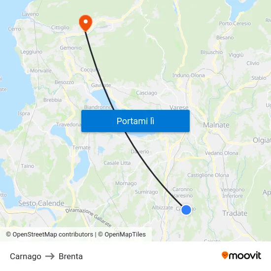 Carnago to Brenta map