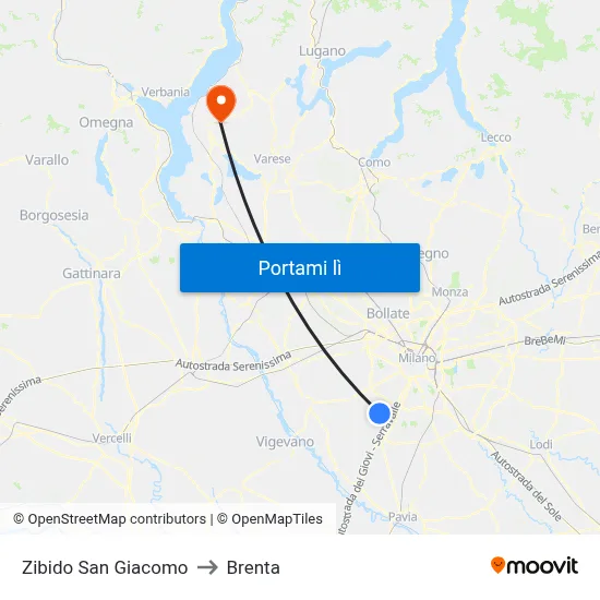 Zibido San Giacomo to Brenta map
