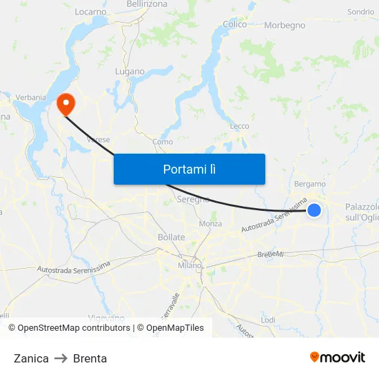 Zanica to Brenta map