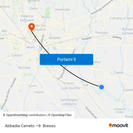 Abbadia Cerreto to Bresso map