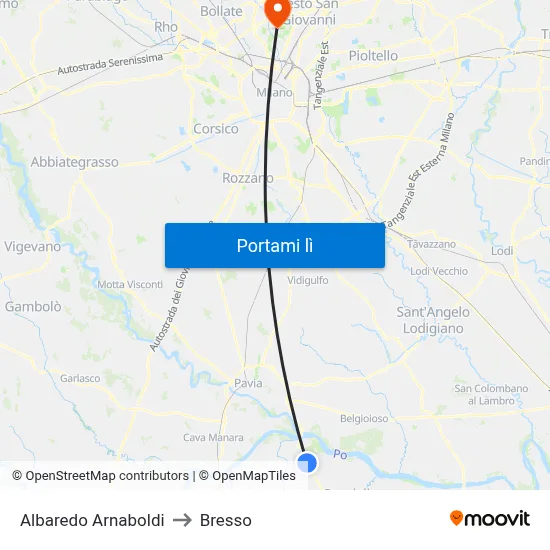 Albaredo Arnaboldi to Bresso map