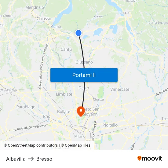 Albavilla to Bresso map