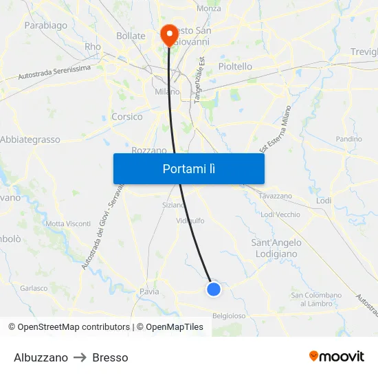 Albuzzano to Bresso map