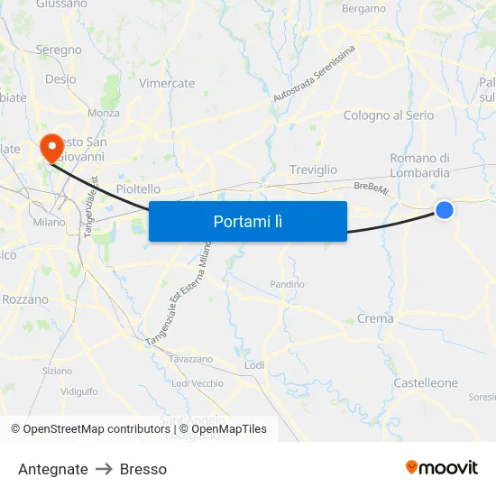 Antegnate to Bresso map
