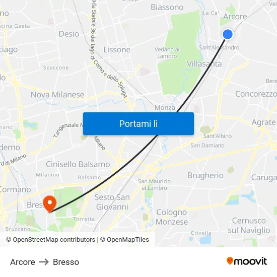 Arcore to Bresso map