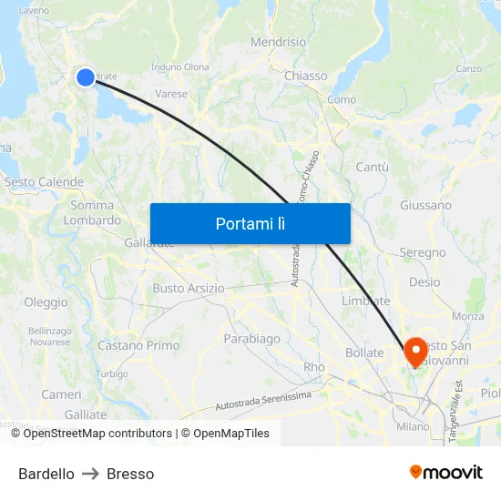 Bardello to Bresso map