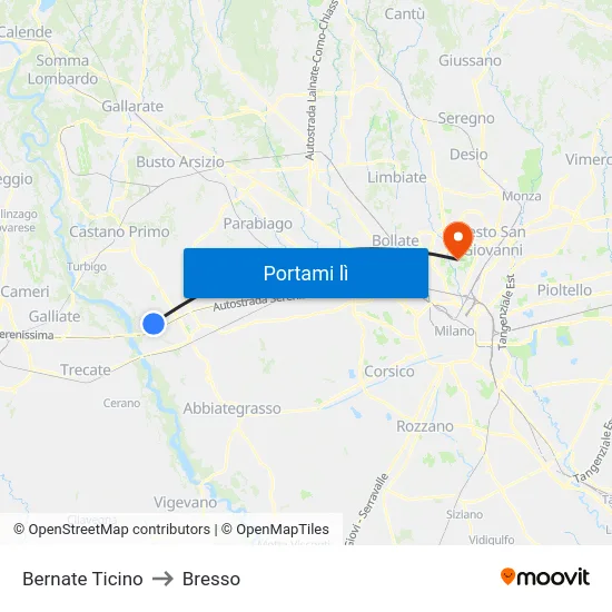 Bernate Ticino to Bresso map
