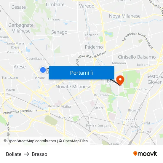 Bollate to Bresso map