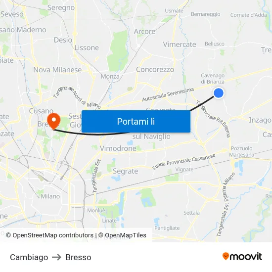 Cambiago to Bresso map