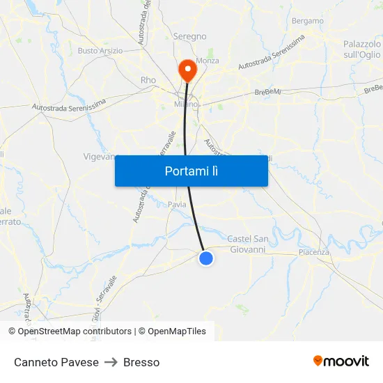 Canneto Pavese to Bresso map