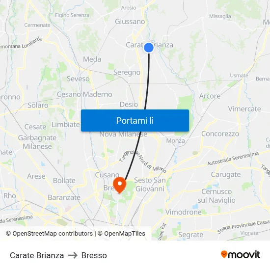 Carate Brianza to Bresso map
