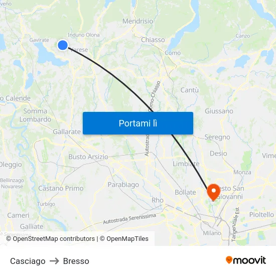 Casciago to Bresso map