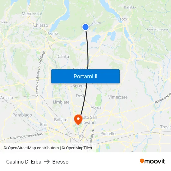 Caslino D' Erba to Bresso map