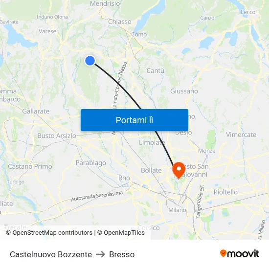 Castelnuovo Bozzente to Bresso map