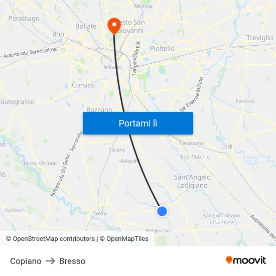 Copiano to Bresso map