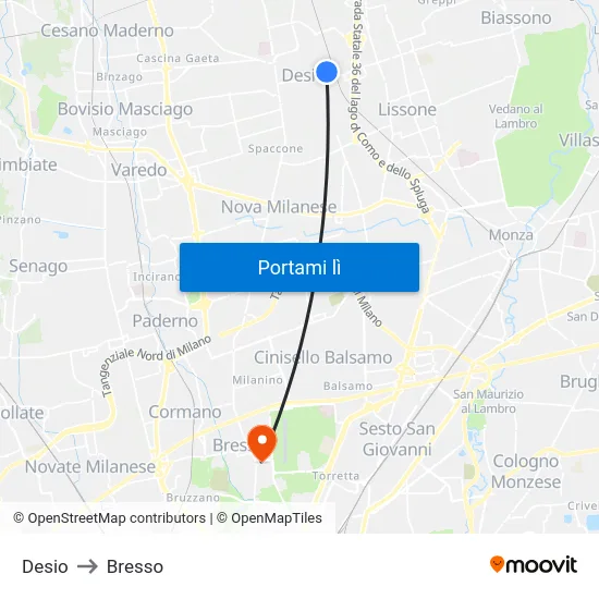 Desio to Bresso map