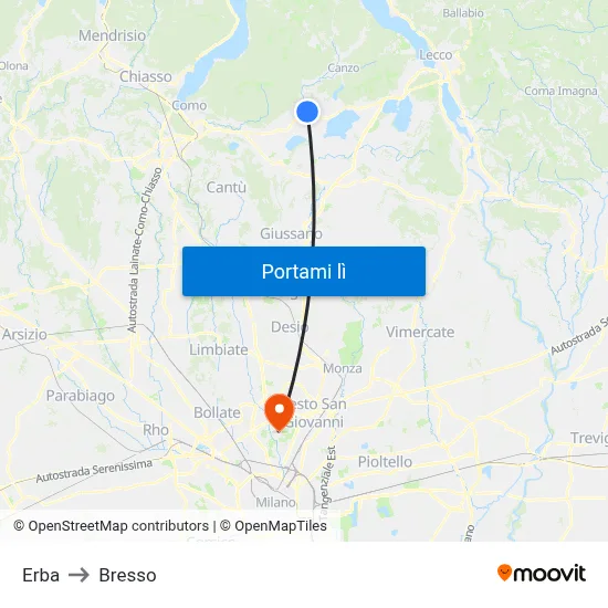 Erba to Bresso map