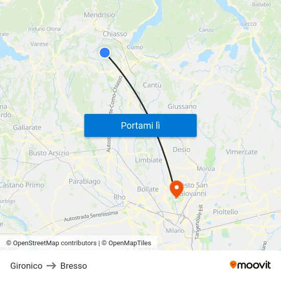 Gironico to Bresso map