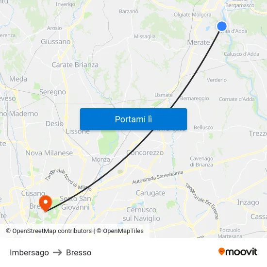 Imbersago to Bresso map