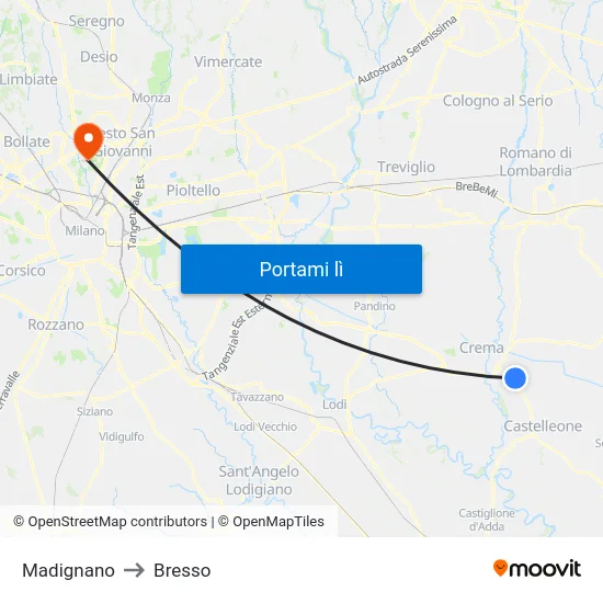 Madignano to Bresso map