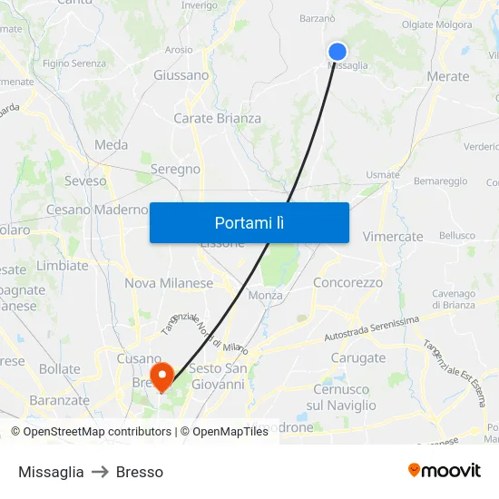 Missaglia to Bresso map